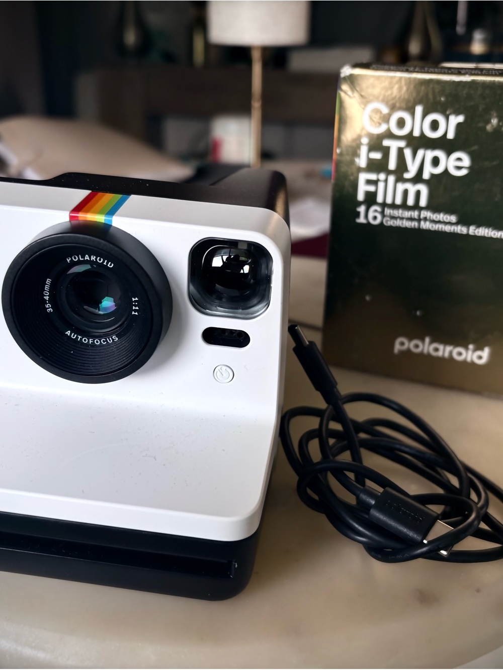 Polaroid White Instant Camera with Rainbow Accent and Black Base
